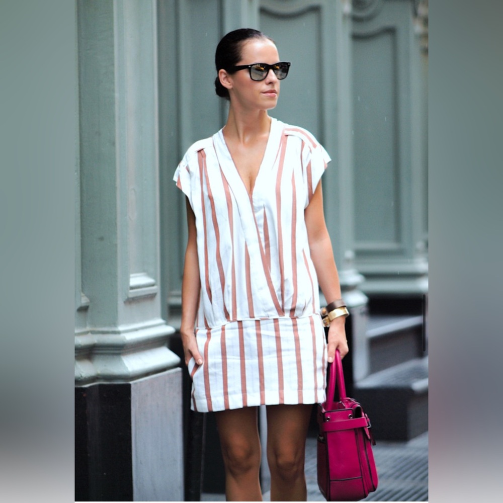 Zara Basics Drop Waist V-Neck Cream/Brown Striped Dress - Size Small - Picture 2 of 16